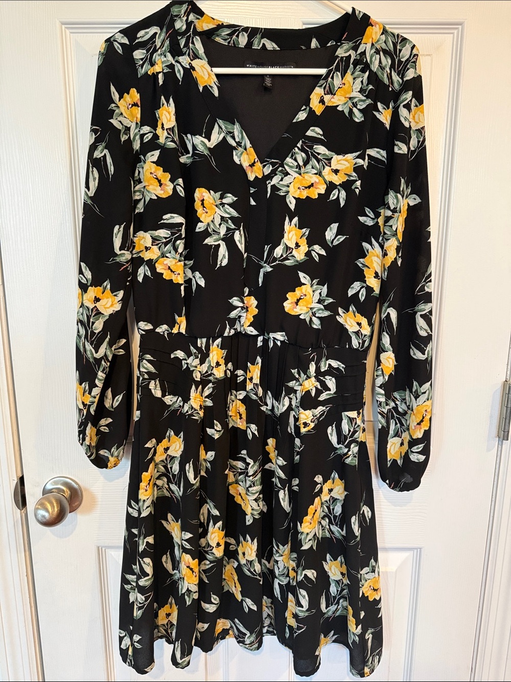 White House Black Market Black Midi Dress with Yellow Floral Print